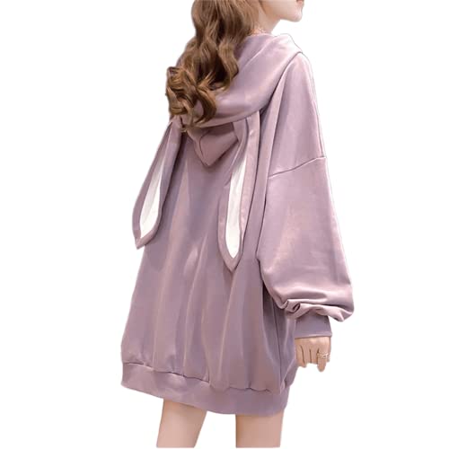 Frauen Kawaii Bunny Ear Hoodie Kaninchen Ästhetisch Niedlich Oversized Japanisch Kapuzenpullover Sweatshirt Langarm Top Herbst Winter, violett, Mittel von Aobiono