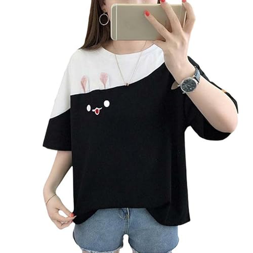 Frauen Mädchen Kawaii Hase T-Shirts Niedliche T-Shirts Ästhetische Japanische Anime Preppy Koreanische Kleidung Cartoon Trendy Tops Manga, Schwarz, Mittel von Aobiono