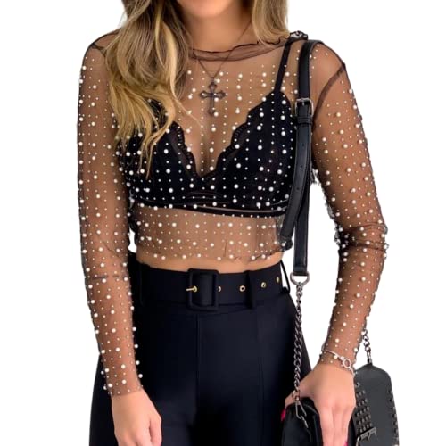 Frauen Perlen Mesh Sheer Crop Top Perlen Strass Durchsichtig Langarm Verziert Punkt Spitze Sexy Bluse Shirt Mädchen, schwarz, Mittel von Aobiono