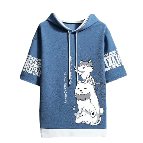Herren Damen Kawaii Anime Katze T-Shirt Japanisches T-Shirt Cartoon Ästhetisch Niedlich Manga Preppy Kurzarm Hoodie Top Koreanisch, Blau, Medium von Aobiono