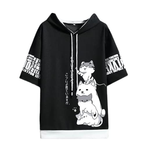 Herren Damen Kawaii Anime Katze T-Shirt Japanisches T-Shirt Cartoon Ästhetisch Niedlich Manga Preppy Kurzarm Hoodie Top Koreanisch, Schwarz, Small von Aobiono