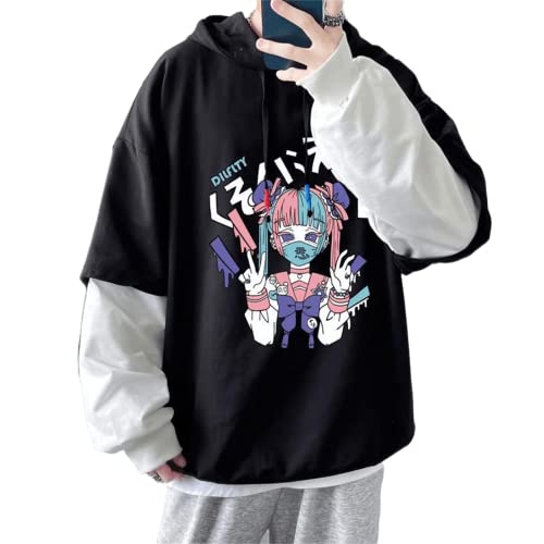 Herren Damen Y2K Anime Hoodie Harajuku Emo Grunge Gothic Alt Japanische Dark Academia Punk Kawaii Ästhetisch Fake Zweiteilig, Black-C, X-Large von Aobiono