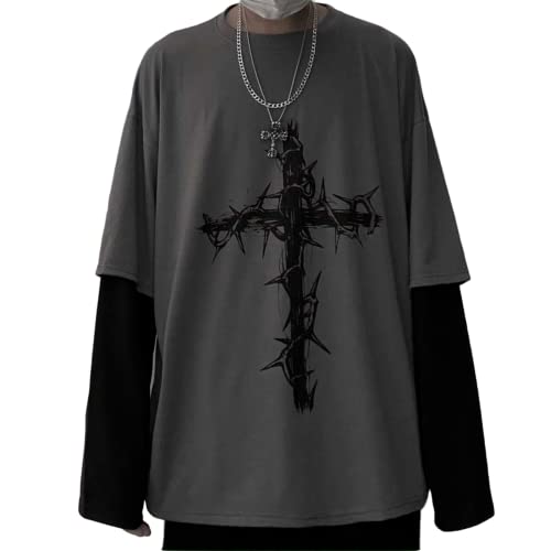 Aobiono Herren Damen Y2K Gothic Cross Sweatshirt Grunge Emo Alt Harajuku Fake Zweiteiliger Hoodie Top Dark Academia Punk Ästhetisch, Grau, XX-Large von Aobiono