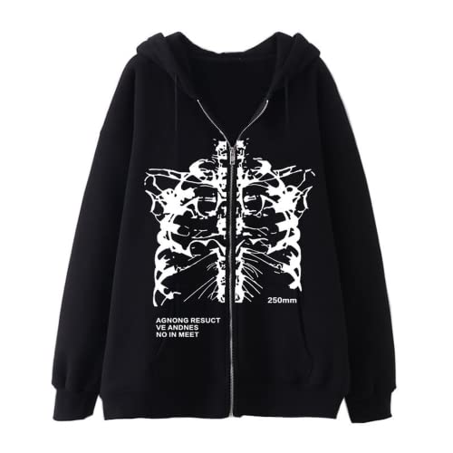 Herren Damen Y2K Skelett Reißverschluss Hoodie Emo Gothic Oversized Grunge Alt Jacke Vintage Grafik Baggy Dark Academia Punk, schwarz 2, Large Herren Damen Y2K Skelett Reißverschluss Hoodie Emo Gothic Oversized Grunge Alt Jacke Vintage Grafik Baggy Dark Academia Punk, schwarz 2, Large von Aobiono