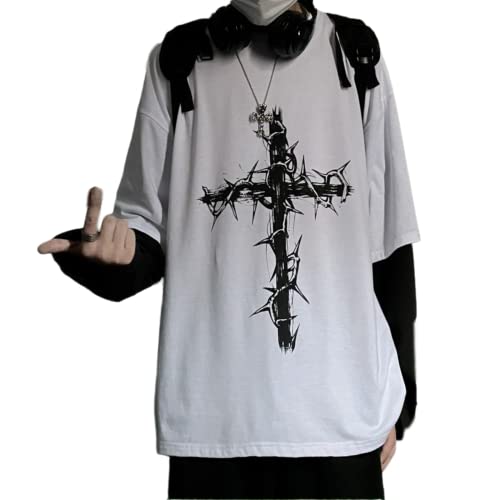 Aobiono Herren Damen Y2K Gothic Cross Sweatshirt Grunge Emo Alt Harajuku Fake Zweiteiliger Hoodie Top Dark Academia Punk Ästhetisch, Weiss/opulenter Garten, XX-Large von Aobiono