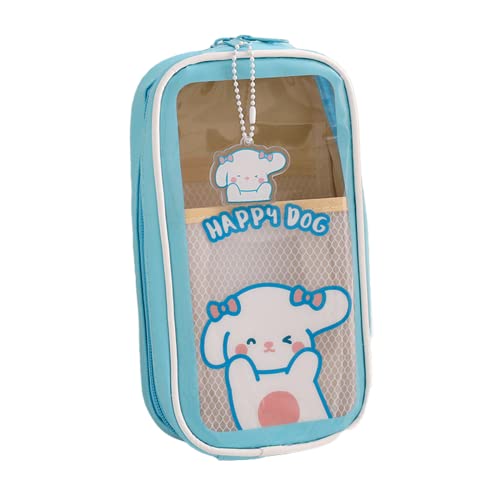 Kawaii-Federmäppchen, transparente Tasche mit Nadeln, Anhänger, niedlicher ästhetischer Bär, Hase, Welpen, japanischer Cartoon-Schreibwaren-Organizer, Taschenzubehör, Blau, glücklicher Welpen) von Aobiono