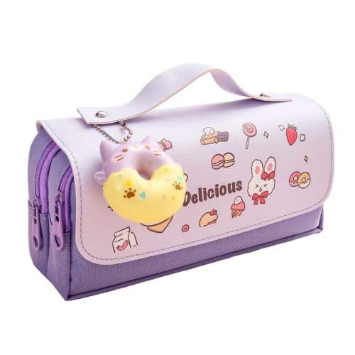 Kawaii Federmäppchen Beutelbox Niedlich Anime mit Stressabbau Donut Schwamm Anhänger Ästhetische Cartoon Schreibwaren Organizer Halter Tasche Schulbedarf Japanischer Stil (Lila A) von Aobiono