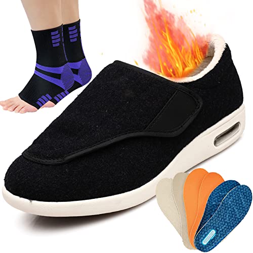 Aocase Winter Orthopädische Schuhe Damen Hausschuhe Senioren Damen Schuhe Für Geschwollene Füße Verbandsschuhe Warm Schuhe Herren Klettverschluss Wide,Black woolen fabric,36 EU von Aocase