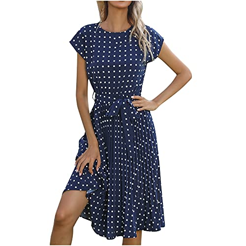 Sommerkleid Damen Mittellanges Gepunktetes Plissiertes Kleid mit Rundhals Ausschnitt und Kurzen Ärmeln Locker Lässig Kleider Frauen Female Teenager Mädchen Freizeit Party Minikleid Strandkleid von Aocase