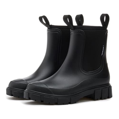 Aodejoy Gummistiefel Damen Wasserdicht Regenstiefel Komfort Halbhoch Ankle Chelsea Boots Stylisch Garten Stiefeletten mit Rutschfest Sohle-Schwarz 40 von Aodejoy