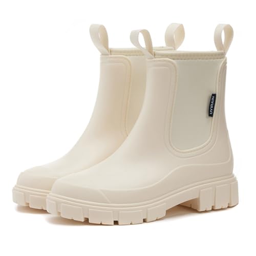Aodejoy Gummistiefel Damen Wasserdicht Regenstiefel Komfort Halbhoch Ankle Chelsea Boots Stylisch Garten Stiefeletten mit Rutschfest Sohle-Weiß 40 von Aodejoy