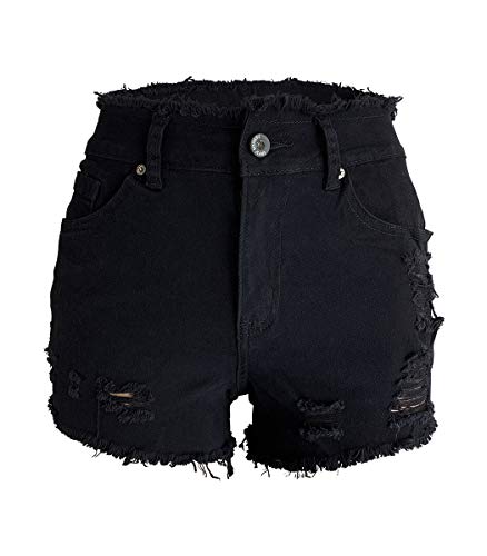 Aodrusa Damen Denim-Shorts mit Reißverschluss, mittlere Taille, sexy, kurz geschnitten, Used-Look - Schwarz - 34/36 DE (Taille 66 cm) von Aodrusa