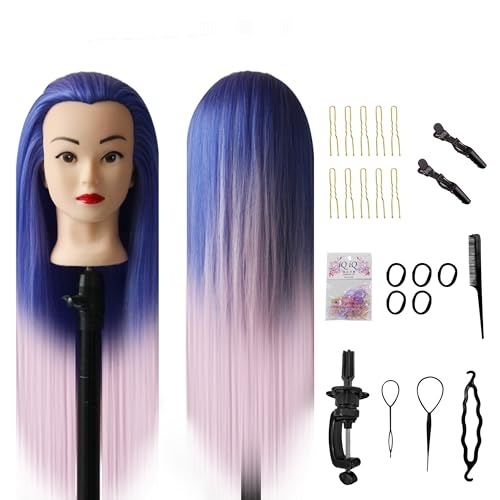Aofadaning Professioneller Trainingsköpfe für Friseure Kinder Friseur Set - Schaufensterpuppe Kopf mit Perückenständer und Frisierkopfform für Friseure, Schulmädchen und Friseurschulen (blau-rosa) von Aofadaning