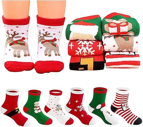 Aohcae 6 Stück Weihnachten Socke Kinder, Eindicken Weihnachtssocken Kinder Socken Weihnachten Kinder Kuschelsocken weihnachten für Weihnachten, Winter (9-12 Jahre) von Aohcae