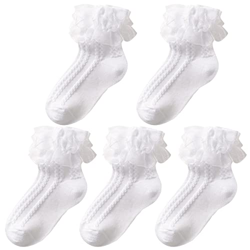 Aohhy 5 Paar Mädchen Spitze Rüschen Baumwolle Rüschen Knöchelsocken Baumwolle Weiß Prinzessin Tanz Kleid Socken für kleine/große Kinder (4-6 Jahre, Weiß) von Aohhy