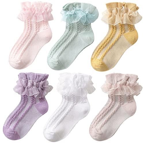 Aohhy 6 Paar Mädchen Spitze Rüschen Baumwolle Rüschen Knöchelsocken Baumwolle Weiß Prinzessin Tanz Kleid Socken für kleine/große Kinder (über 10 Jahre, Gemischte Farbe) von Aohhy