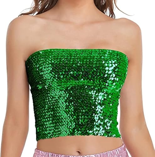 Aohhy Damen glitzernde Pailletten Stretch Party Clubwear Tube Top Meerjungfrau Crop Tops trägerlos Metallic Tops für Party Clubwear, Büste 23.6-39.3 Zoll, grün, Einheitsgröße von Aohhy