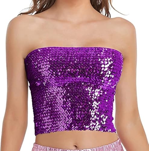 Aohhy Damen glitzernde Pailletten Stretch Party Clubwear Tube Top Meerjungfrau Crop Tops trägerlos Metallic Tops für Party Clubwear, Büste 23.6-39.3 Zoll,violett von Aohhy