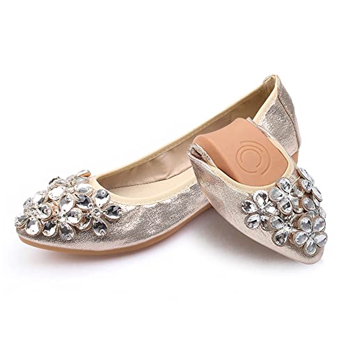 Aoikoy Damen Mädchen Hochzeitsschuhe Klassische Prinzessin Partei Schuhe Glitzer Flamenco Schuhe Slip on Flache Arbeitsschuhe Ballerina Geschlossene Flat mit Strass, A1 Gold, 38 EU von Aoikoy