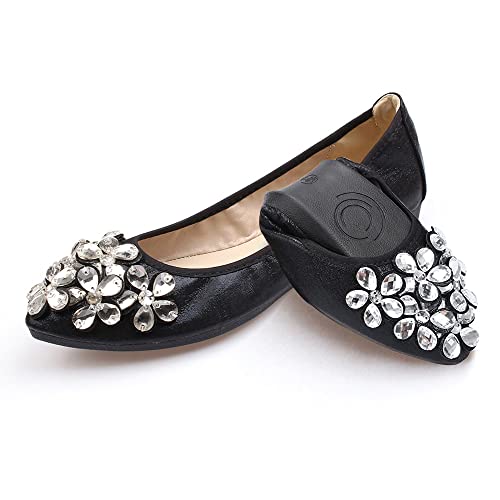 Aoikoy Damen Mädchen Hochzeitsschuhe Klassische Prinzessin Partei Schuhe Glitzer Flamenco Schuhe Slip on Flache Arbeitsschuhe Ballerina Geschlossene Flat mit Strass, 41 EU, A1 Schwarz von Aoikoy