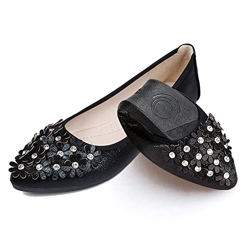 Aoikoy Damen Mädchen Hochzeitsschuhe Klassische Prinzessin Partei Schuhe Glitzer Flamenco Schuhe Slip on Flache Arbeitsschuhe Ballerina Geschlossene Flat mit Strass, A2 Schwarz, 40 EU von Aoikoy