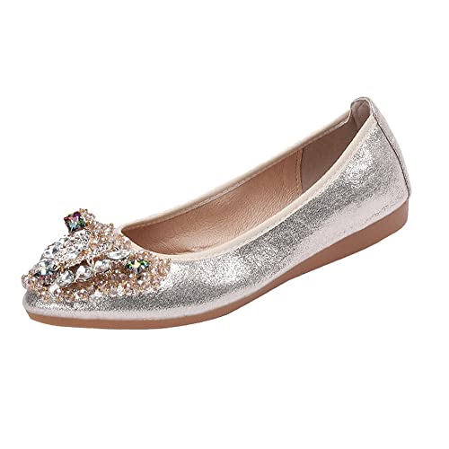 Aoikoy Damen Mädchen Hochzeitsschuhe Klassische Prinzessin Partei Schuhe Glitzer Flamenco Schuhe Slip on Flache Arbeitsschuhe Ballerina Geschlossene Flat mit Strass, A8 Gold, 41 EU von Aoikoy