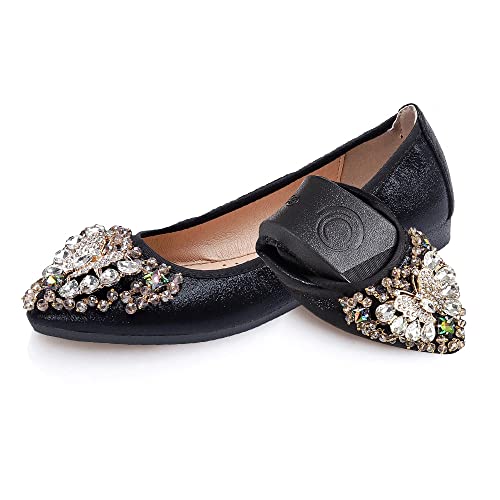 Aoikoy Damen-Ballerinas, faltbar, lässig, glitzernd, Strass, Hochzeits-Ballerinas, bequem, zum Hineinschlüpfen, Flache Schuhe, A8, Schwarz, 41 EU von Aoikoy