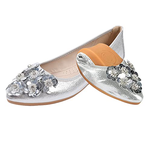 Aoikoy Damen Mädchen Hochzeitsschuhe Klassische Prinzessin Partei Schuhe Glitzer Flamenco Schuhe Slip on Flache Arbeitsschuhe Ballerina Geschlossene Flat mit Strass, 35 EU, A4 Silber von Aoikoy