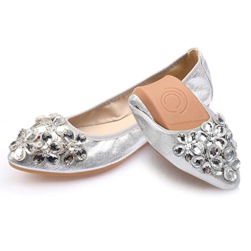 Aoikoy Damen Mädchen Hochzeitsschuhe Klassische Prinzessin Partei Schuhe Glitzer Flamenco Schuhe Slip on Flache Arbeitsschuhe Ballerina Geschlossene Flat mit Strass, A1 Silber, 35 EU von Aoikoy