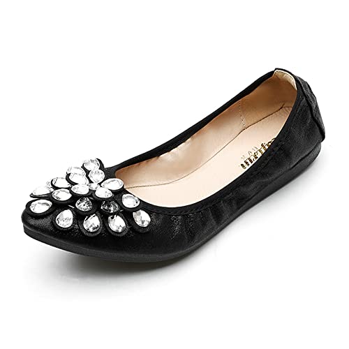 Aoikoy Damen Mädchen Hochzeitsschuhe Klassische Prinzessin Partei Schuhe Glitzer Flamenco Schuhe Slip on Flache Arbeitsschuhe Ballerina Geschlossene Flat mit Strass, A3 Schwarz, 35 EU von Aoikoy