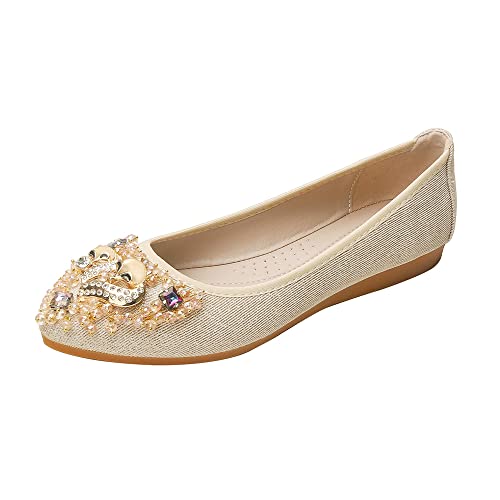 Aoikoy Damen Mädchen Hochzeitsschuhe Klassische Prinzessin Partei Schuhe Glitzer Flamenco Schuhe Slip on Flache Arbeitsschuhe Ballerina Geschlossene Flat mit Strass, A9 Gold, 38 EU von Aoikoy