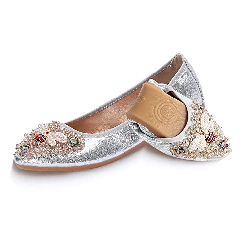 Aoikoy Damen Mädchen Hochzeitsschuhe Klassische Prinzessin Partei Schuhe Glitzer Flamenco Schuhe Slip on Flache Arbeitsschuhe Ballerina Geschlossene Flat mit Strass von Aoikoy