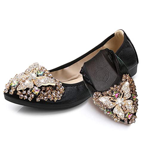 Aoikoy Damen Mädchen Hochzeitsschuhe Klassische Prinzessin Partei Schuhe Glitzer Flamenco Schuhe Slip on Flache Arbeitsschuhe Ballerina Geschlossene Flat mit Strass von Aoikoy