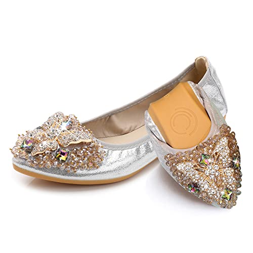 Aoikoy Damen Mädchen Hochzeitsschuhe Klassische Prinzessin Partei Schuhe Glitzer Flamenco Schuhe Slip on Flache Arbeitsschuhe Ballerina Geschlossene Flat mit Strass von Aoikoy