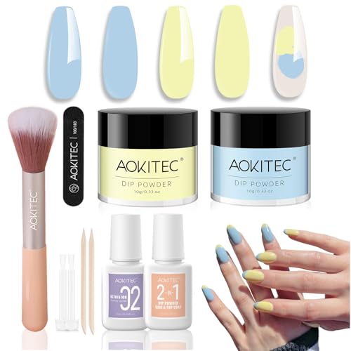 Aokitec 10 PCS Dipping Powder Nails Set, Blau & Gelb Nail Powder mit Dip Base Liquid, Nail Dust Brush für für DIY Party Reise Urlaub Sommer Meer Nägel, Acryl Dip Nagelset Geschenk für Frauen & Mädchen von Aokitec