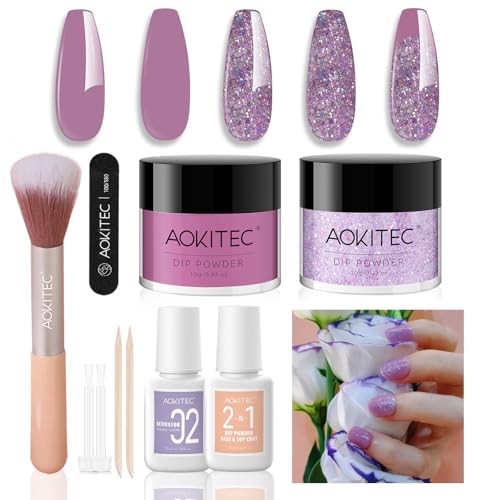 Aokitec 10 PCS Dipping Powder Nails Set - Holiday Series Nägel Set mit lila & glitzerndem Nagelpuder, Dip Liquid Nail Dust Brush für DIY Nail Art, leicht zu tragen, Geschenk für Frauen & Mädchen von Aokitec