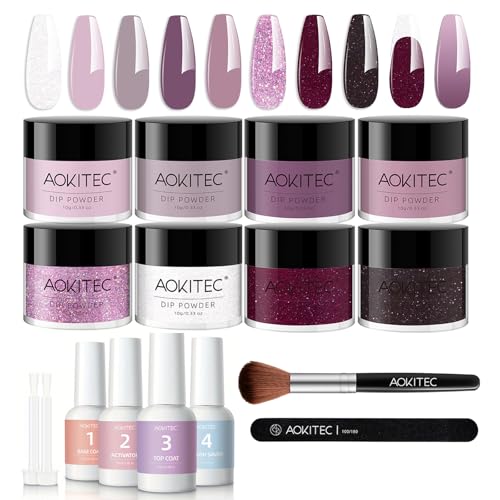 Aokitec 14 PCS Dipping Powder Nails Set, Lila Glitter Dip Acrylpulver mit Dip Base Top Activator Brush Saver, Dipping Powder Starter Set für Nail Art Anfänger, Geschenk für Frauen Mädchen von Aokitec