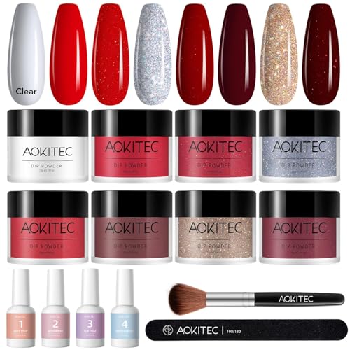 Aokitec 14 PCS Dipping Powder Nails Set, Rot Gold Glitter Dip Acrylpulver mit Dip Base Top Activator Brush Saver, Dipping Powder Starter Set für Nail Art Anfänger, Geschenk für Frauen Mädchen von Aokitec