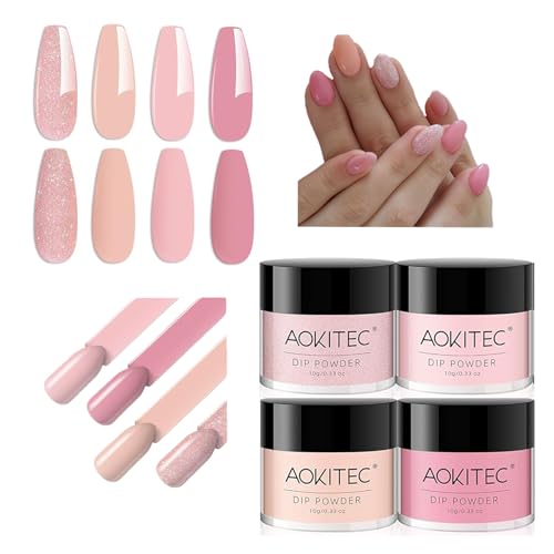 Aokitec 4 Farben Dipping Powder Set - Pink Series Dip Powder für Dip Nail Art, Acryl Dip Pulver Nail Powder für French Nails, Einfach zu bedienen & zeitsparend, Geschenke für Frauen und Mädchen von Aokitec