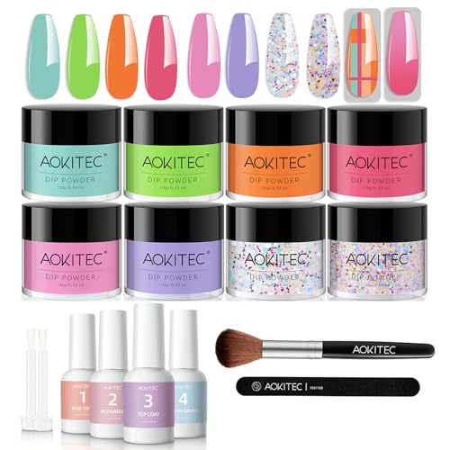 Aokitec 8 Farben Dipping Powder Nails Set, Pink Orange Glitter Dip Acrylpulver mit Dip Base Top Activator Brush Saver, Dipping Powder Starter Set für Nail Art Anfänger, Geschenk für Frauen Mädchen von Aokitec