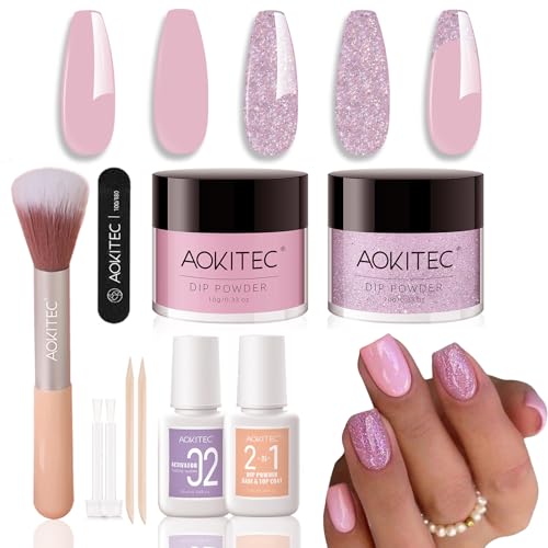 Aokitec Dipping Powder Nails Set - Pink & Glitzer Dip Powder mit Dip Liquid Base Nagelzubehör für Nail Art, Nägel Set zum einfachen Mitnehmen, Nägel Selber Machen, Geschenk für Frauen & Mädchen von Aokitec
