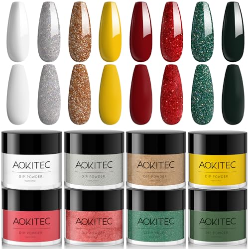 Aokitec Dipping Powder, Adventskalender 2025 Frauen, 8 Christmas Colours Dip Acrylpulver Rot Glitzer Grün Nagelpulver Dip Nails System für Weihnachten, Weihnachtskalender 2025 von Aokitec