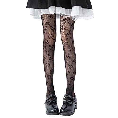 Aoklidil Damen Netzstrumpfhosen Muster Bowknot Fischnetz Strumpfhosen mit Hoher Taille Gemusterte Blickdichte Spitze Muster Strümpfe Sexy Strumpfhose Leggings Fishnet Tights von Aoklidil