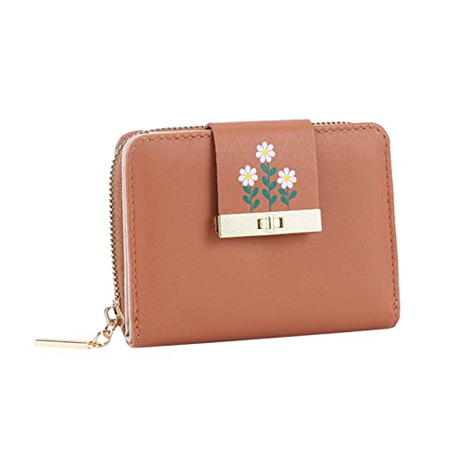 Geldbörse Damen Portemonnaie Damen Fashion ID Short Wallet Flowers Print Solid Color Frauen Zipper Purse Mehrere Kartenfächer Clutch Bag Brieftasche Damen Portemonnaie Damen Klein (Brown, One Size) von Aoklidil