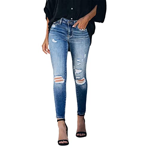 Jeans Damen Skinny 7/8 Jeans Damen mit Löchern High Waist Jeans Slim Fit Jeanshose Damen Stretch Schlaghosen Ankle Jeans Denim Pants Sommer Casual Hosen von Aoklidil