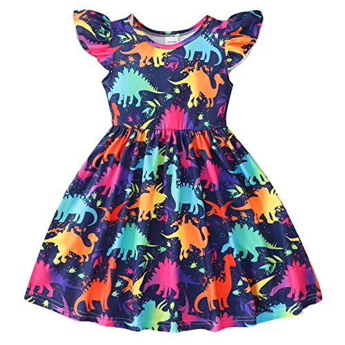 Mädchen Kleid Kinder Sommerkleid Ärmelloses A-Linien Bunt Cartoon Dino Kleid Mädchen Knielänge Swing Strand Party Kleider (Black, 2-3 Years) von Aoklidil