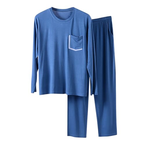 Schlafanzug Herren Lang Männlich Freizeit Tragen Pyjama Set Rundhals Langarm Top Und Tasche Stretch Hosen Einfarbig 2pc Männer der Casual Pyjama Hause Pyjama Hose und Schlafanzugoberteile (BU2, XXXL) von Aoklidil