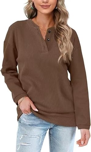 Aokosor Pullover Damen Sweatshirt V Ausschnitt Einfarbig Langarmshirt mit Knöpfen Oberteile für Herbst Winter Braun L von Aokosor