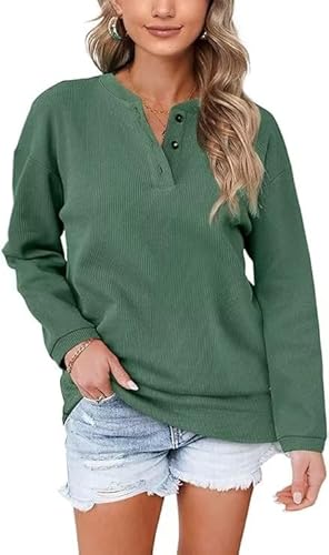 Aokosor Pullover Damen Sweatshirt V Ausschnitt Einfarbig Langarmshirt mit Knöpfen Oberteile für Herbst Winter Grün M von Aokosor