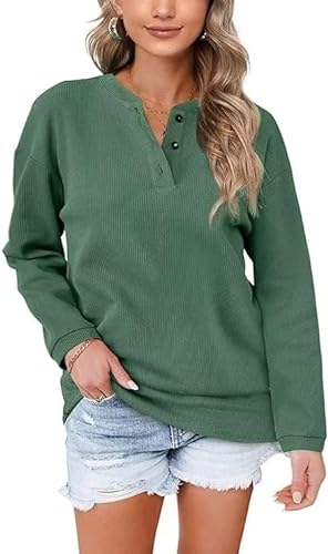 Aokosor Pullover Damen Sweatshirt V Ausschnitt Einfarbig Langarmshirt mit Knöpfen Oberteile für Herbst Winter Grün S von Aokosor